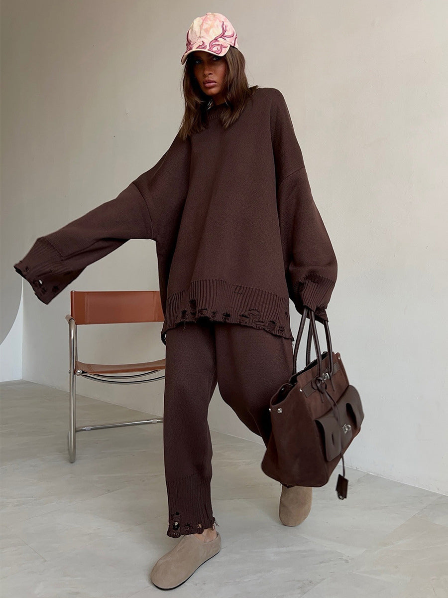 Oversized Knit 2 Piece Set For Women - Casual Distressed Sweater And Trousers - Spring Cozy Lounge Suit 2026
