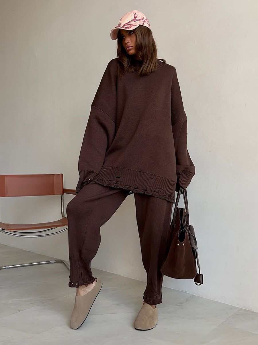 Oversized Knit 2 Piece Set For Women - Casual Distressed Sweater And Trousers - Spring Cozy Lounge Suit 2026