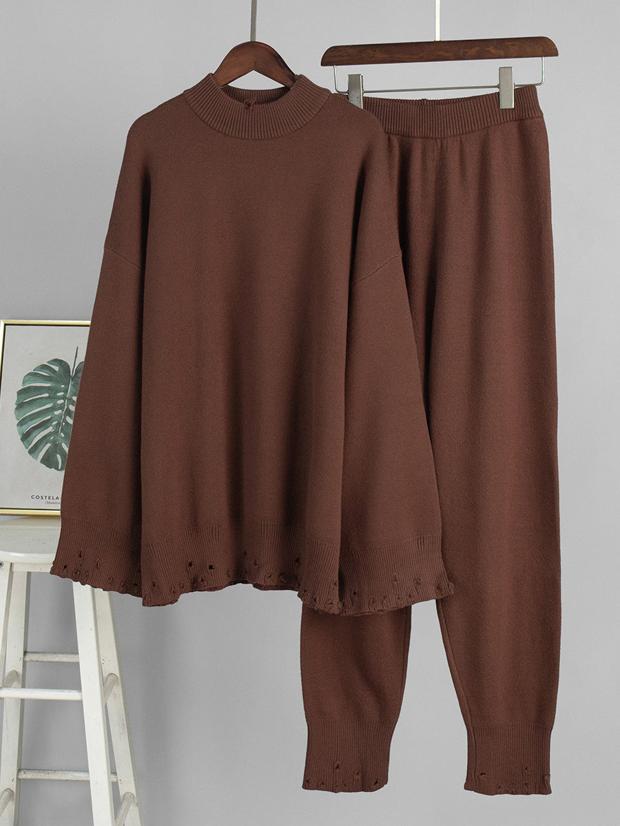 Oversized Knit 2 Piece Set For Women - Casual Distressed Sweater And Trousers - Spring Cozy Lounge Suit 2026