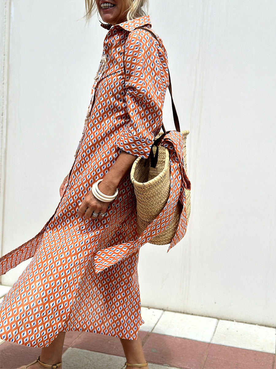 Printed Shirt Dress For Women - Casual Collared Button Down Tie Waist Midi Kaftan - Summer Beach Resort 2026