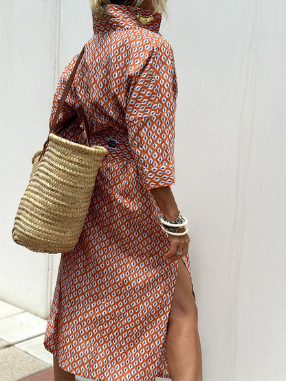 Printed Shirt Dress For Women - Casual Collared Button Down Tie Waist Midi Kaftan - Summer Beach Resort 2026