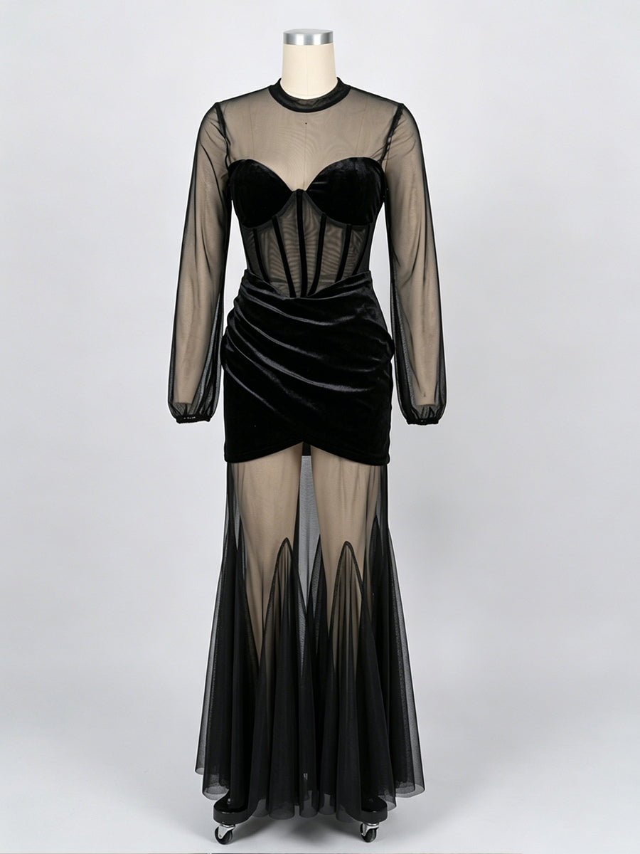 Velvet Corset Maxi Dress For Women - Black Sheer Mesh Long Sleeve Bodycon Mermaid Gown - Spring Formal Party 2026