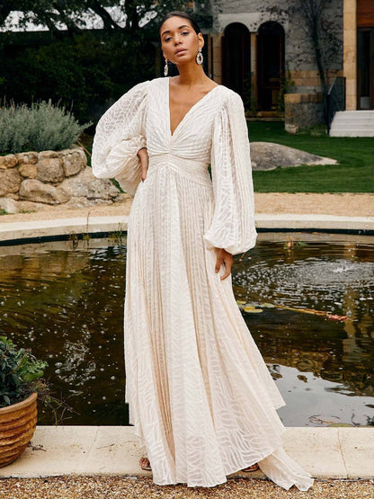 Boho Backless Maxi Dress For Women - Cloud White Deep V Neck Lantern Sleeve Pleated A-Line Gown - Spring Beach Wedding 2026