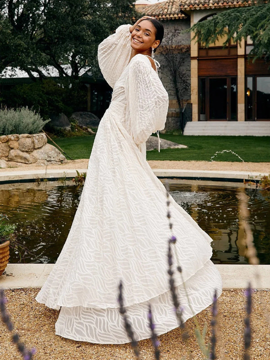 Boho Backless Maxi Dress For Women - Cloud White Deep V Neck Lantern Sleeve Pleated A-Line Gown - Spring Beach Wedding 2026