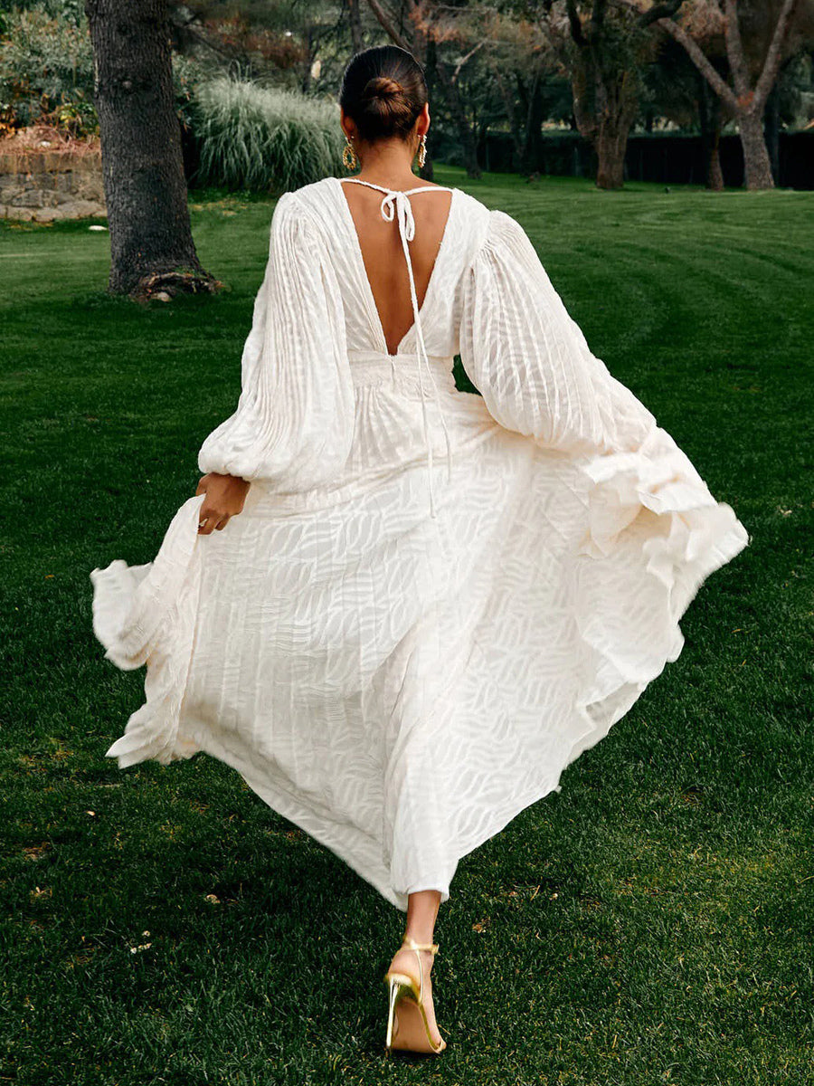 Boho Backless Maxi Dress For Women - Cloud White Deep V Neck Lantern Sleeve Pleated A-Line Gown - Spring Beach Wedding 2026