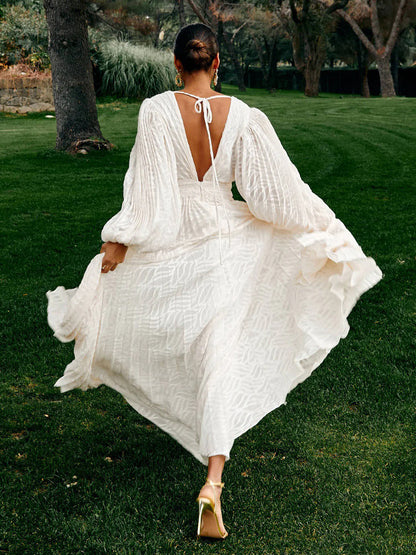 Boho Backless Maxi Dress For Women - Cloud White Deep V Neck Lantern Sleeve Pleated A-Line Gown - Spring Beach Wedding 2026