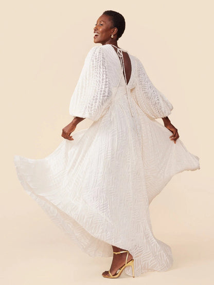 Boho Backless Maxi Dress For Women - Cloud White Deep V Neck Lantern Sleeve Pleated A-Line Gown - Spring Beach Wedding 2026