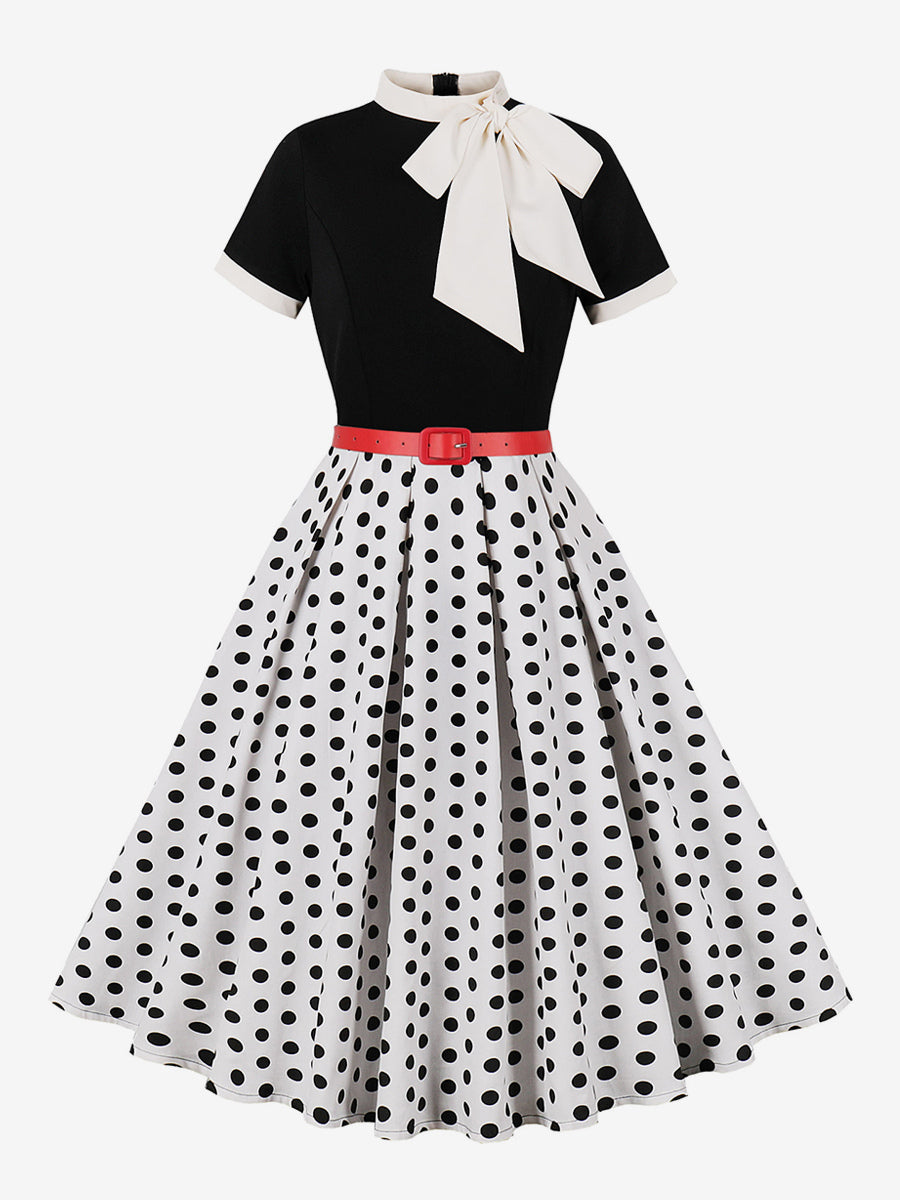 Vintage 1950s Midi Dress For Women - Bow Tie Neck Printed A-Line Swing Dress - Spring Tea Party 2026
