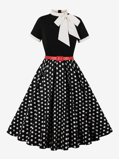 Vintage 1950s Midi Dress For Women - Bow Tie Neck Printed A-Line Swing Dress - Spring Tea Party 2026