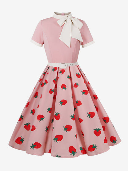 Vintage 1950s Midi Dress For Women - Bow Tie Neck Printed A-Line Swing Dress - Spring Tea Party 2026
