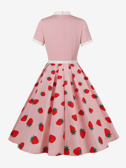 Vintage 1950s Midi Dress For Women - Bow Tie Neck Printed A-Line Swing Dress - Spring Tea Party 2026