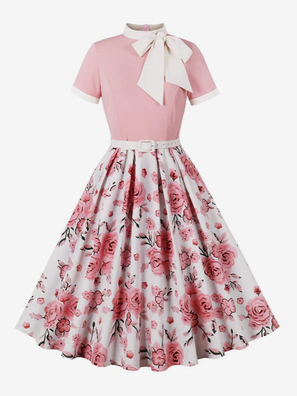 Vintage 1950s Midi Dress For Women - Bow Tie Neck Printed A-Line Swing Dress - Spring Tea Party 2026