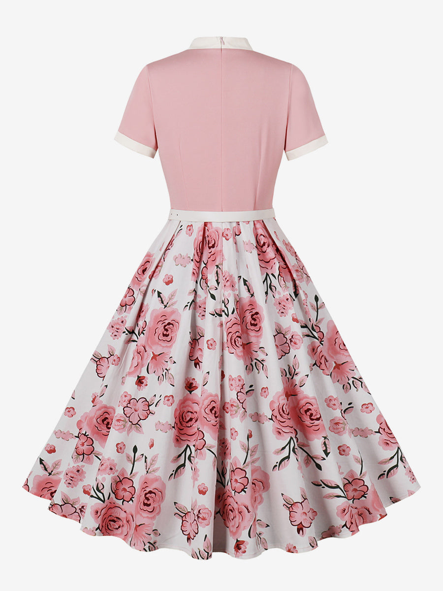 Vintage 1950s Midi Dress For Women - Bow Tie Neck Printed A-Line Swing Dress - Spring Tea Party 2026