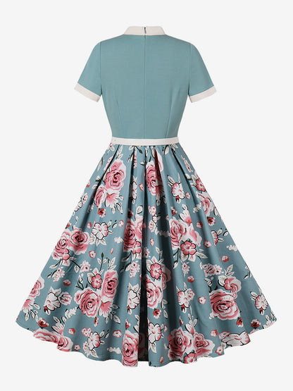 Vintage 1950s Midi Dress For Women - Bow Tie Neck Printed A-Line Swing Dress - Spring Tea Party 2026