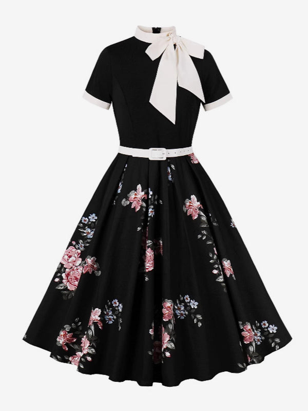 Vintage 1950s Midi Dress For Women - Bow Tie Neck Printed A-Line Swing Dress - Spring Tea Party 2026
