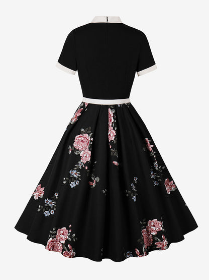 Vintage 1950s Midi Dress For Women - Bow Tie Neck Printed A-Line Swing Dress - Spring Tea Party 2026
