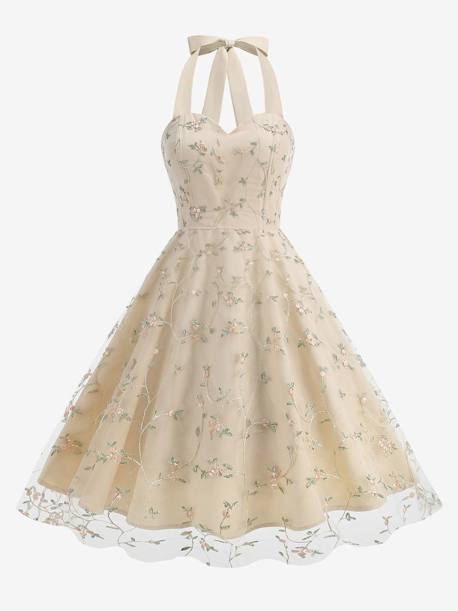 Vintage 1950s Floral Midi Dress For Women - Halter Neck Mesh Embroidery A-Line Sundress - Spring Garden Wedding Guest 2026
