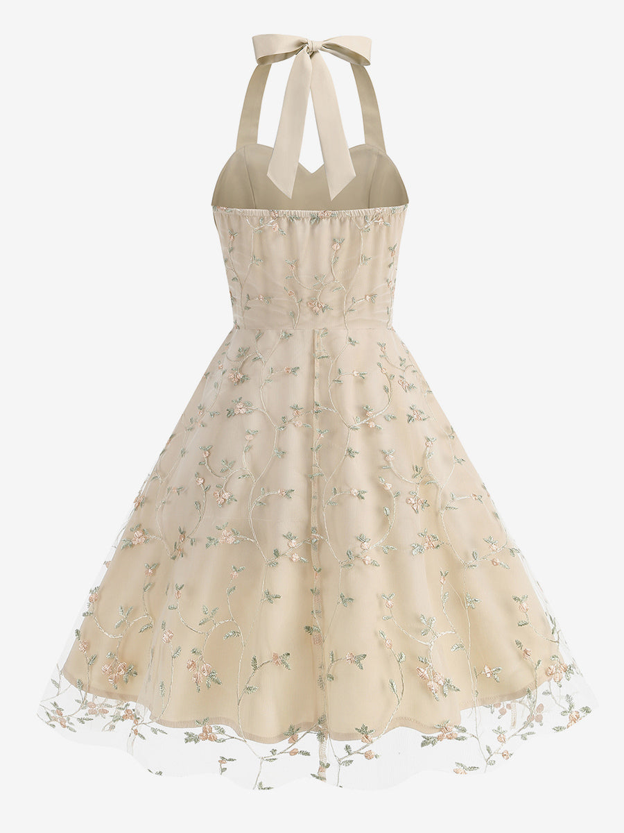 Vintage 1950s Floral Midi Dress For Women - Halter Neck Mesh Embroidery A-Line Sundress - Spring Garden Wedding Guest 2026