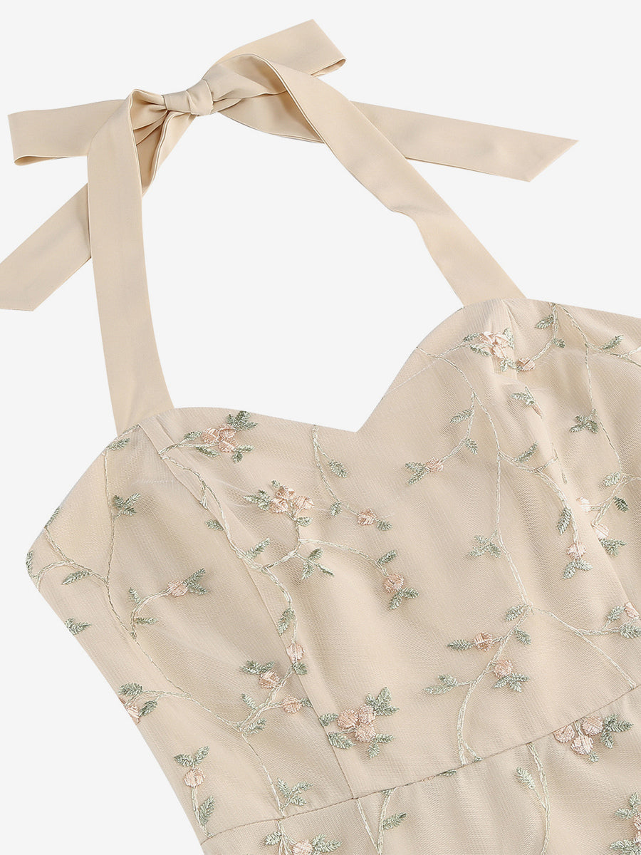 Vintage 1950s Floral Midi Dress For Women - Halter Neck Mesh Embroidery A-Line Sundress - Spring Garden Wedding Guest 2026
