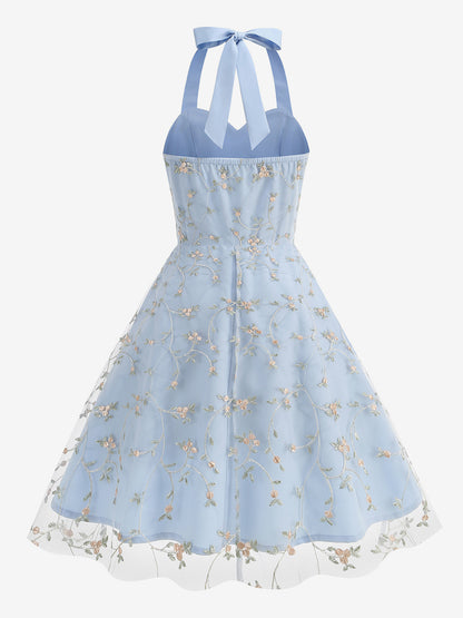 Vintage 1950s Floral Midi Dress For Women - Halter Neck Mesh Embroidery A-Line Sundress - Spring Garden Wedding Guest 2026