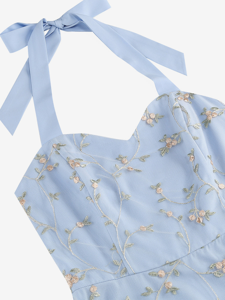 Vintage 1950s Floral Midi Dress For Women - Halter Neck Mesh Embroidery A-Line Sundress - Spring Garden Wedding Guest 2026