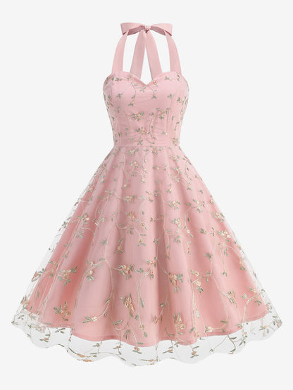 Vintage 1950s Floral Midi Dress For Women - Halter Neck Mesh Embroidery A-Line Sundress - Spring Garden Wedding Guest 2026