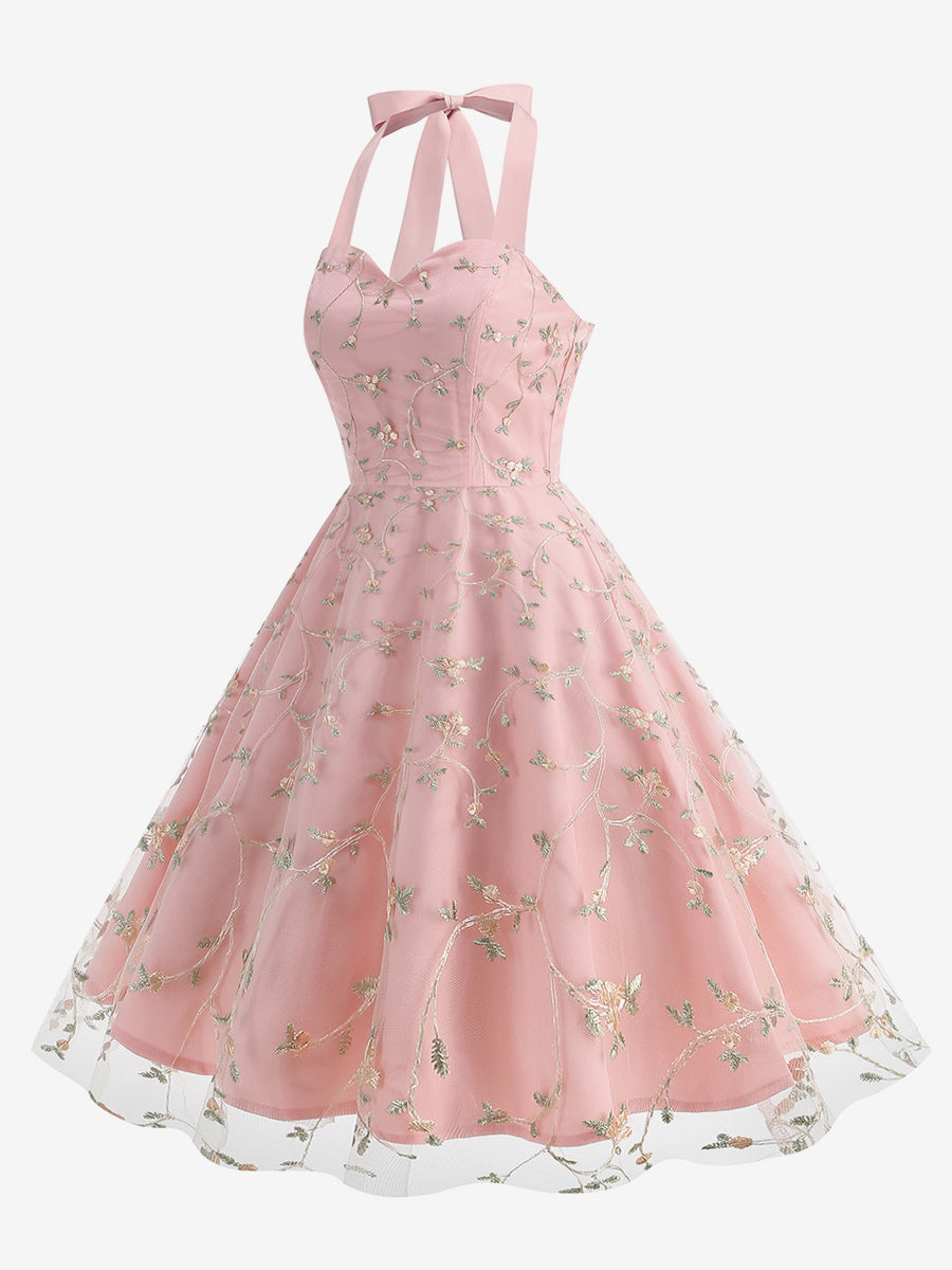 Vintage 1950s Floral Midi Dress For Women - Halter Neck Mesh Embroidery A-Line Sundress - Spring Garden Wedding Guest 2026