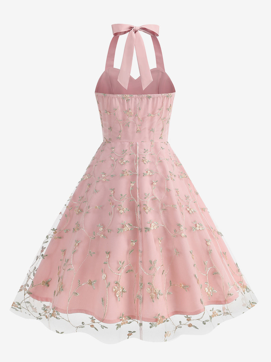 Vintage 1950s Floral Midi Dress For Women - Halter Neck Mesh Embroidery A-Line Sundress - Spring Garden Wedding Guest 2026
