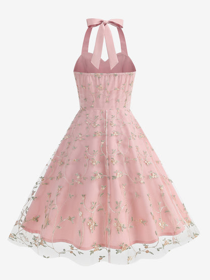 Vintage 1950s Floral Midi Dress For Women - Halter Neck Mesh Embroidery A-Line Sundress - Spring Garden Wedding Guest 2026