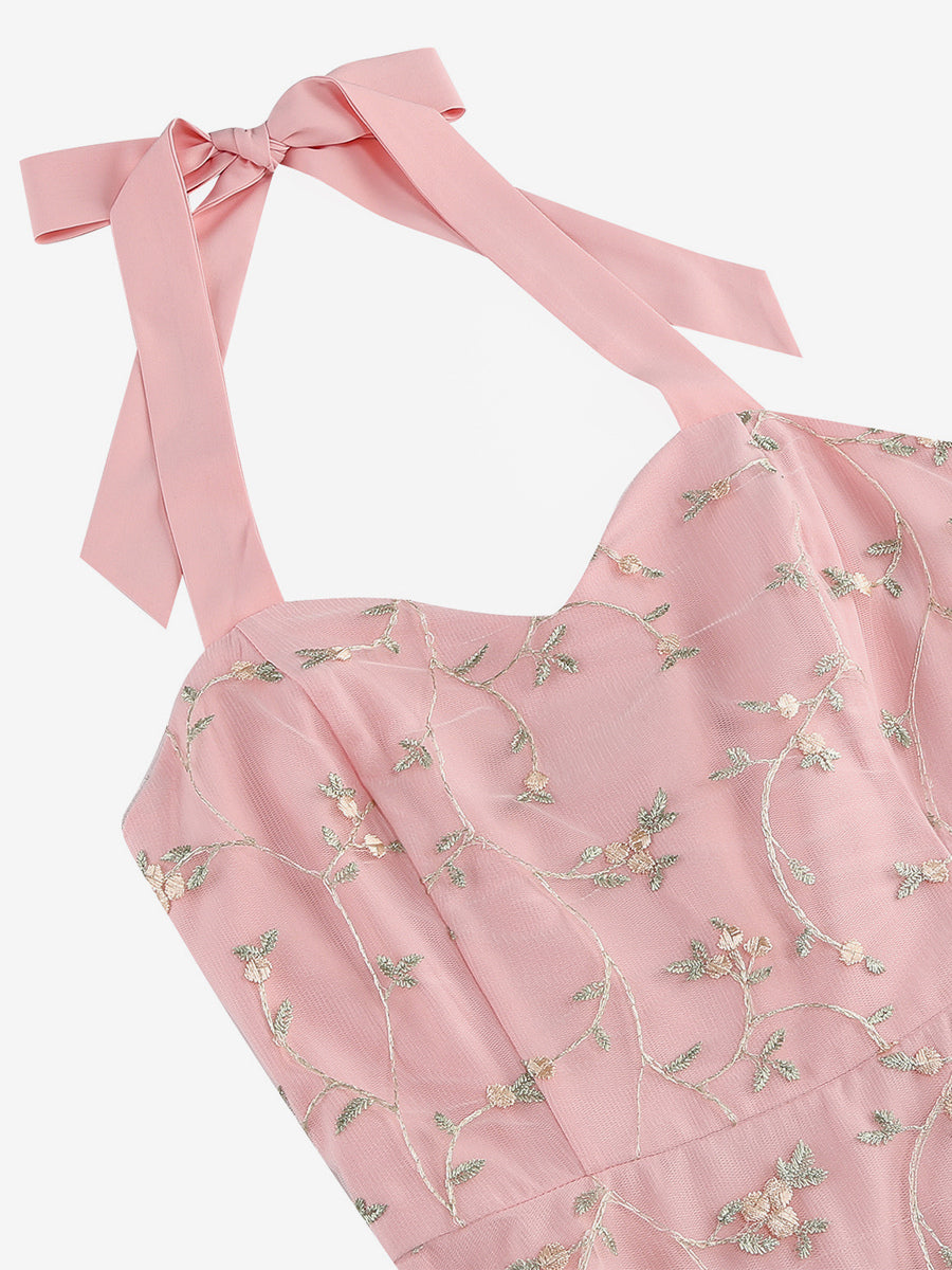 Vintage 1950s Floral Midi Dress For Women - Halter Neck Mesh Embroidery A-Line Sundress - Spring Garden Wedding Guest 2026