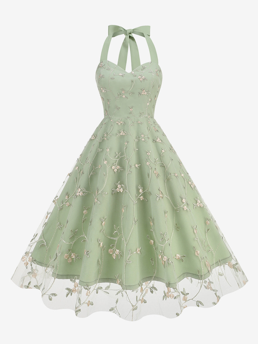 Vintage 1950s Floral Midi Dress For Women - Halter Neck Mesh Embroidery A-Line Sundress - Spring Garden Wedding Guest 2026