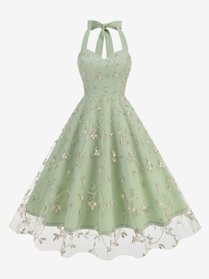 Vintage 1950s Floral Midi Dress For Women - Halter Neck Mesh Embroidery A-Line Sundress - Spring Garden Wedding Guest 2026