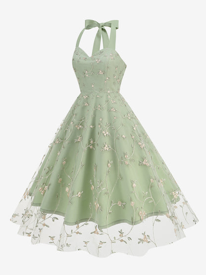 Vintage 1950s Floral Midi Dress For Women - Halter Neck Mesh Embroidery A-Line Sundress - Spring Garden Wedding Guest 2026