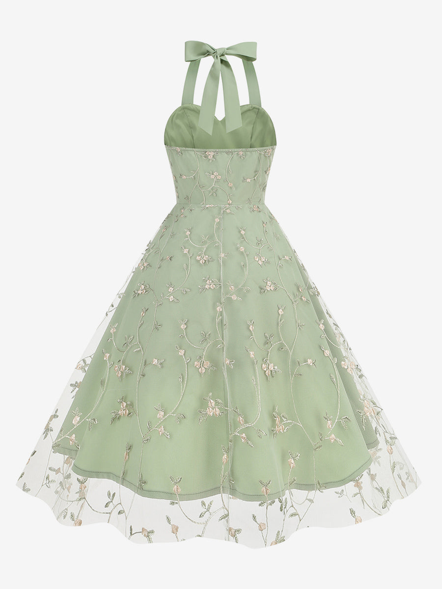 Vintage 1950s Floral Midi Dress For Women - Halter Neck Mesh Embroidery A-Line Sundress - Spring Garden Wedding Guest 2026