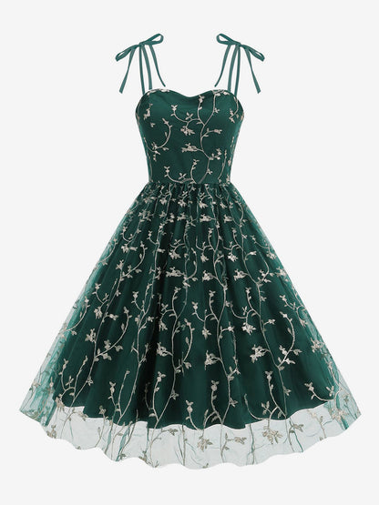 Vintage 1950s Floral Prom Dress For Women - Embroidery Mesh Tie-Shoulder A-Line Swing Midi Dress - Summer Cocktail 2026