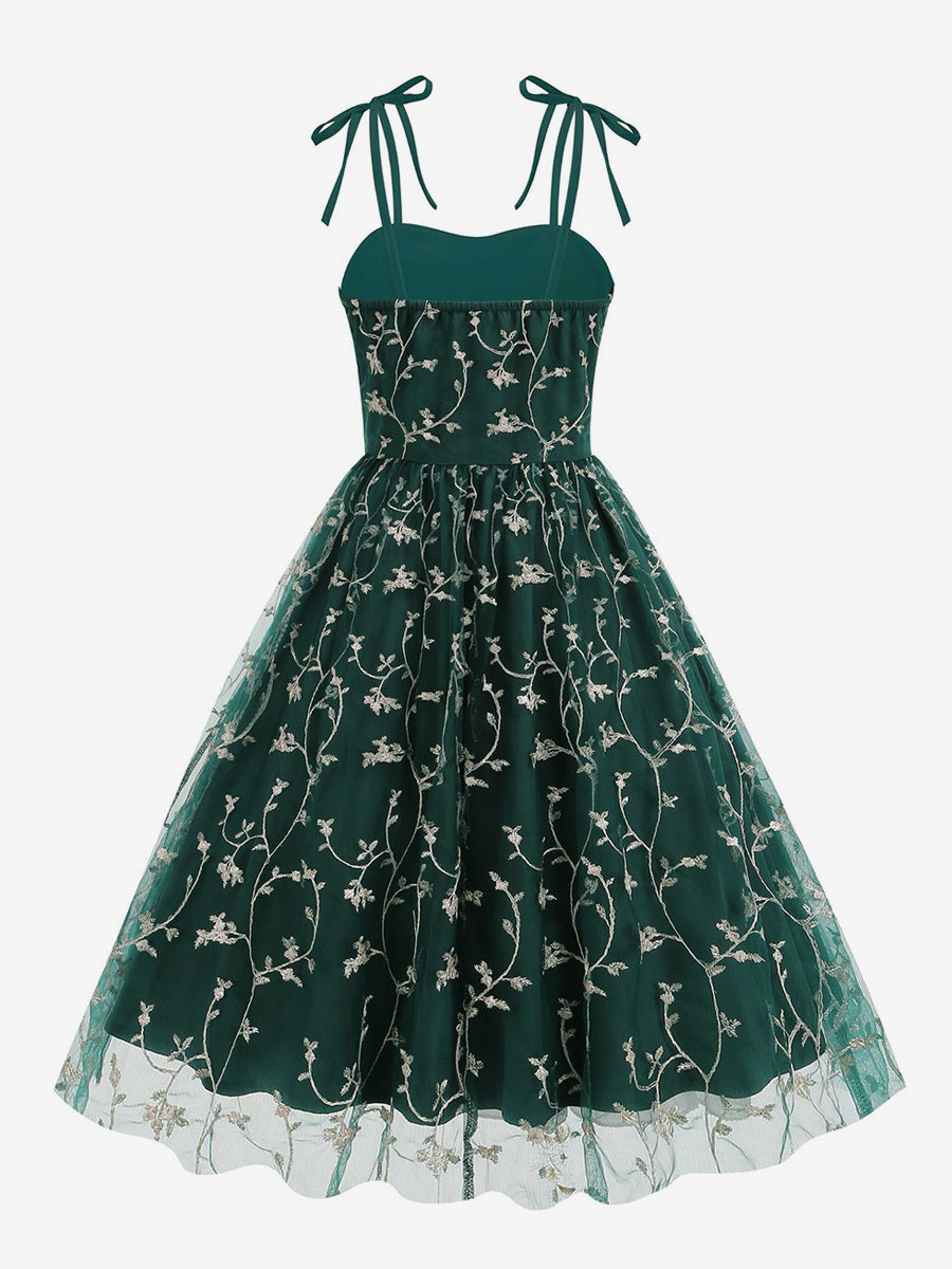 Vintage 1950s Floral Prom Dress For Women - Embroidery Mesh Tie-Shoulder A-Line Swing Midi Dress - Summer Cocktail 2026