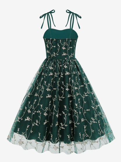 Vintage 1950s Floral Prom Dress For Women - Embroidery Mesh Tie-Shoulder A-Line Swing Midi Dress - Summer Cocktail 2026