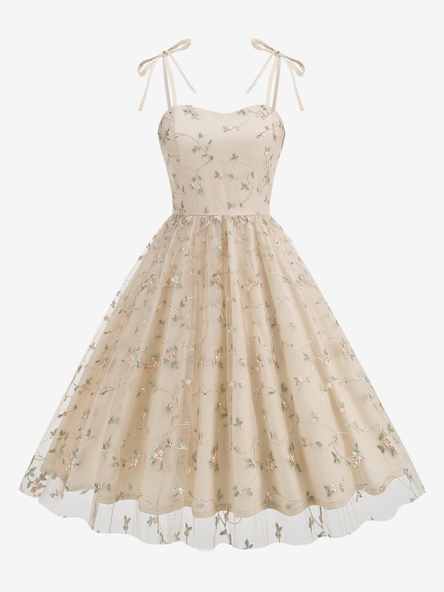 Vintage 1950s Floral Prom Dress For Women - Embroidery Mesh Tie-Shoulder A-Line Swing Midi Dress - Summer Cocktail 2026