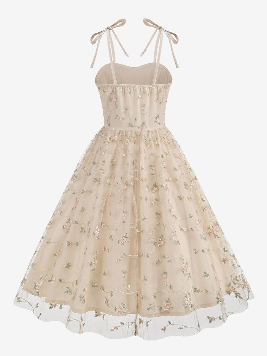 Vintage 1950s Floral Prom Dress For Women - Embroidery Mesh Tie-Shoulder A-Line Swing Midi Dress - Summer Cocktail 2026