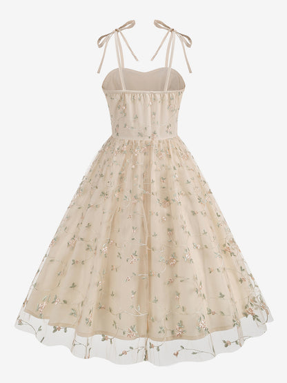 Vintage 1950s Floral Prom Dress For Women - Embroidery Mesh Tie-Shoulder A-Line Swing Midi Dress - Summer Cocktail 2026