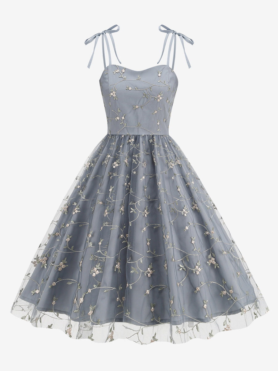 Vintage 1950s Floral Prom Dress For Women - Embroidery Mesh Tie-Shoulder A-Line Swing Midi Dress - Summer Cocktail 2026