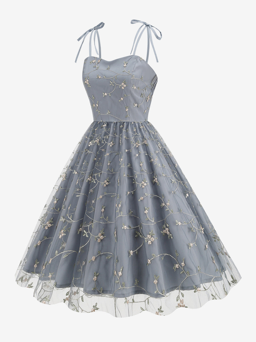 Vintage 1950s Floral Prom Dress For Women - Embroidery Mesh Tie-Shoulder A-Line Swing Midi Dress - Summer Cocktail 2026