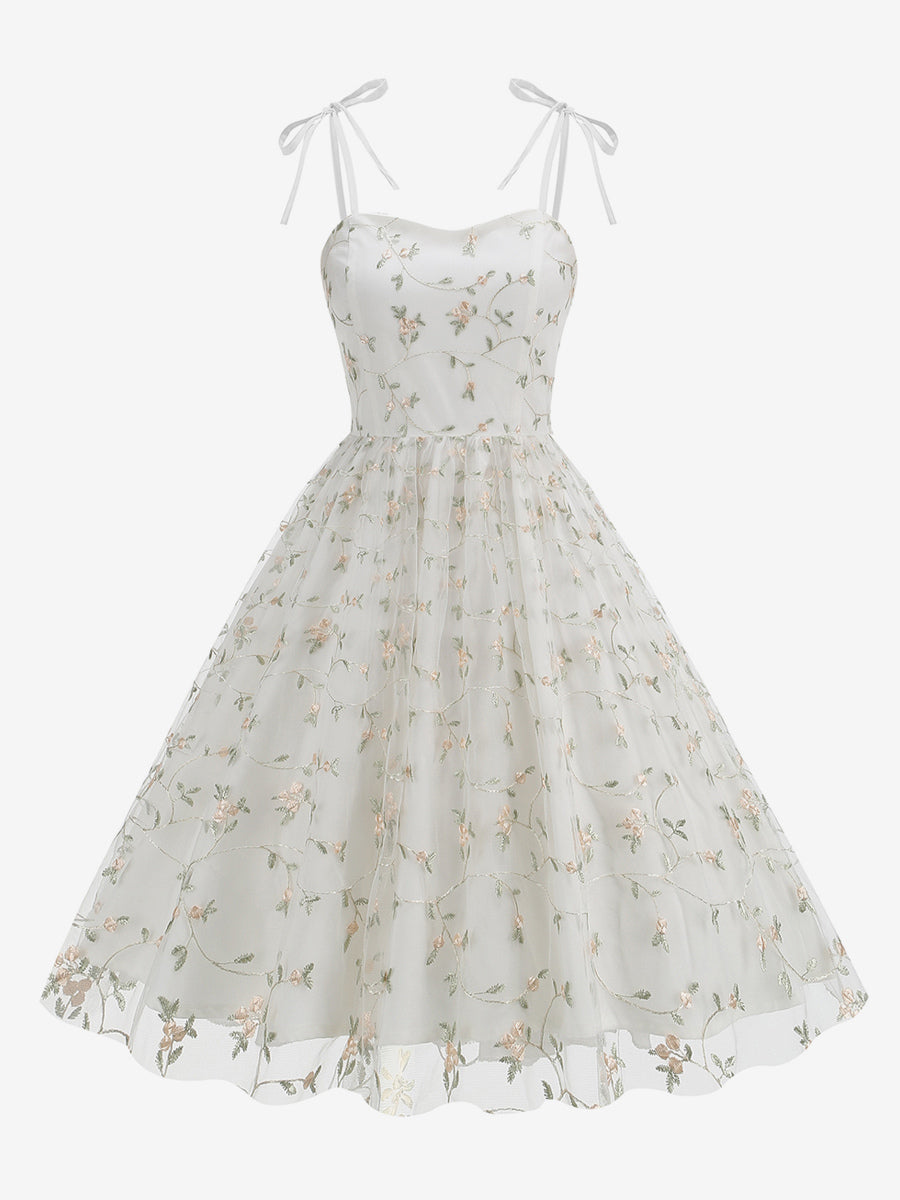 Vintage 1950s Floral Prom Dress For Women - Embroidery Mesh Tie-Shoulder A-Line Swing Midi Dress - Summer Cocktail 2026