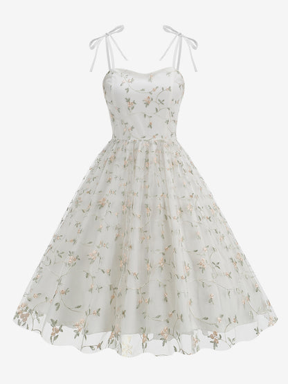 Vintage 1950s Floral Prom Dress For Women - Embroidery Mesh Tie-Shoulder A-Line Swing Midi Dress - Summer Cocktail 2026