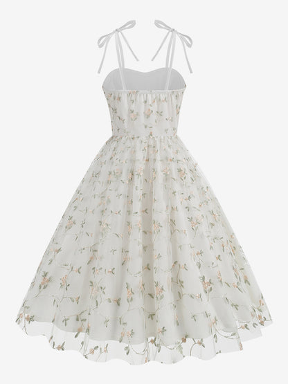 Vintage 1950s Floral Prom Dress For Women - Embroidery Mesh Tie-Shoulder A-Line Swing Midi Dress - Summer Cocktail 2026