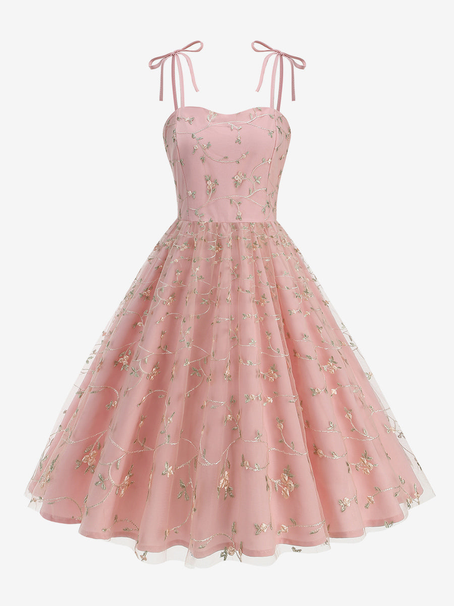 Vintage 1950s Floral Prom Dress For Women - Embroidery Mesh Tie-Shoulder A-Line Swing Midi Dress - Summer Cocktail 2026