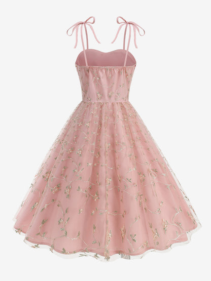 Vintage 1950s Floral Prom Dress For Women - Embroidery Mesh Tie-Shoulder A-Line Swing Midi Dress - Summer Cocktail 2026