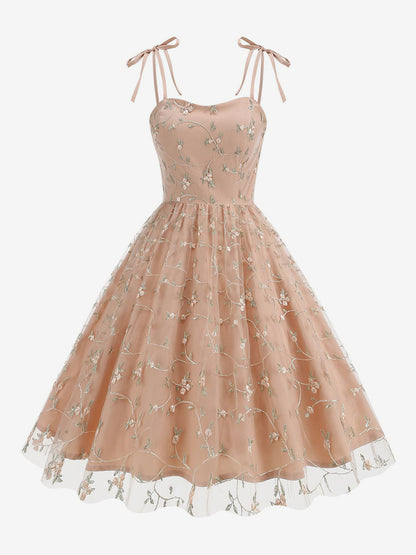 Vintage 1950s Floral Prom Dress For Women - Embroidery Mesh Tie-Shoulder A-Line Swing Midi Dress - Summer Cocktail 2026