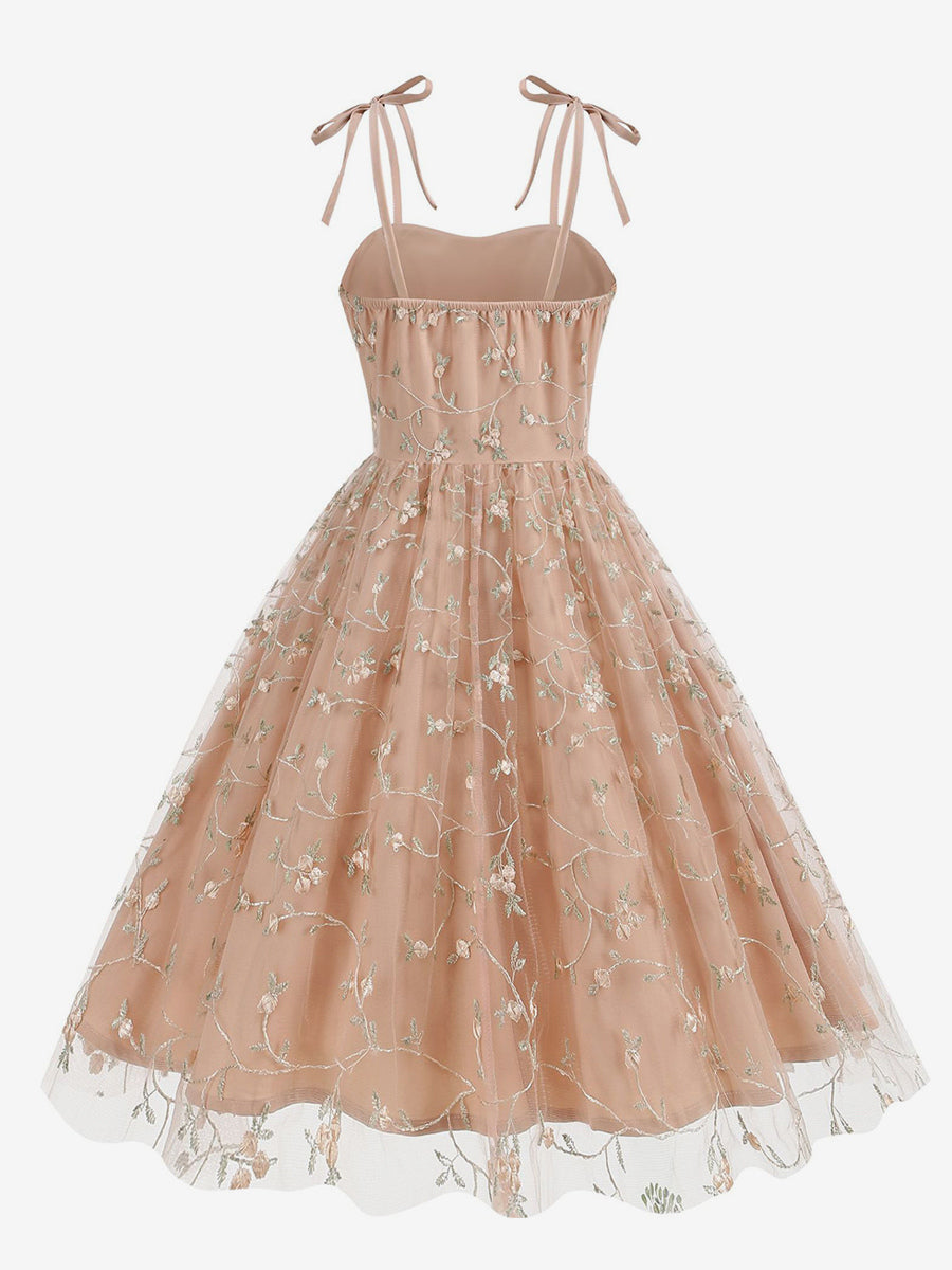Vintage 1950s Floral Prom Dress For Women - Embroidery Mesh Tie-Shoulder A-Line Swing Midi Dress - Summer Cocktail 2026