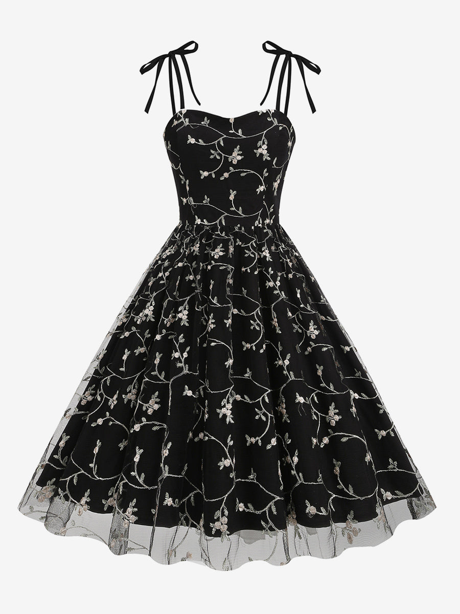 Vintage 1950s Floral Prom Dress For Women - Embroidery Mesh Tie-Shoulder A-Line Swing Midi Dress - Summer Cocktail 2026